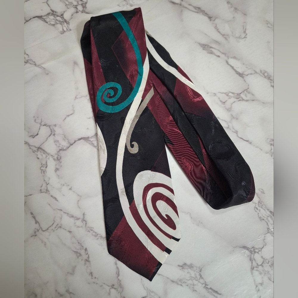 Vintage Class Club Black and Burgundy Tie with Teal and White Swirls
